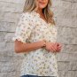 White Floral Eyelet Embroidered Puff Sleeve Notch V Neck Blouse