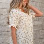 White Floral Eyelet Embroidered Puff Sleeve Notch V Neck Blouse