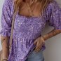 Purple Boho Paisley Print Half Sleeve Shirred Peplum Blouse