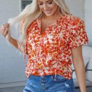 Orange Floral Print Ruffled Short Puff Sleeve Split Neck Blouse