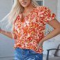 Orange Floral Print Ruffled Short Puff Sleeve Split Neck Blouse
