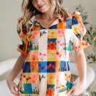 Multicolour Floral Checker Print Ruffled Short Puff Sleeve Blouse