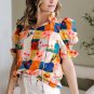 Multicolour Floral Checker Print Ruffled Short Puff Sleeve Blouse