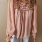 Pink Floral Embroidered Textured Flounce Sleeve Elegant Blouse