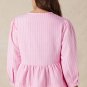 Pink Stripe Bowknot Front Crew Neck Puff Sleeve Blouse
