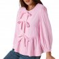 Pink Stripe Bowknot Front Crew Neck Puff Sleeve Blouse