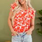 Orange Floral Ruffle Sleeve Print Top