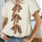White Textured Bow Ties Front Bubble Hem Puff Short Sleeve Blouse