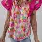 Pink Floral Layered Ruffle Flutter Sleeve Tie V Neck Blouse