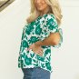Green Floral Printed Ruffled Short Sleeve Round Neck Loose Blouse