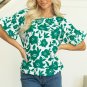 Green Floral Printed Ruffled Short Sleeve Round Neck Loose Blouse