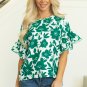 Green Floral Printed Ruffled Short Sleeve Round Neck Loose Blouse