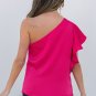 Strawberry Pink Asymmetric Shoulder Ruffle Sleeve Elegant Blouse