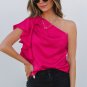 Strawberry Pink Asymmetric Shoulder Ruffle Sleeve Elegant Blouse