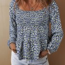 Blue Boho Floral Print Smocked Square Neck Loose Fit Blouse