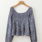Blue Boho Floral Print Smocked Square Neck Loose Fit Blouse