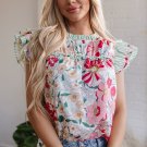 Pink Floral Print Contrast Ruffle Trim Short Sleeve Blouse