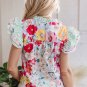 Pink Floral Print Contrast Ruffle Trim Short Sleeve Blouse