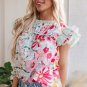 Pink Floral Print Contrast Ruffle Trim Short Sleeve Blouse