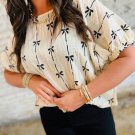 Beige Bow Print Puff Short Sleeve Top