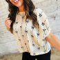 Beige Bow Print Puff Short Sleeve Top
