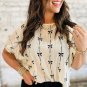 Beige Bow Print Puff Short Sleeve Top