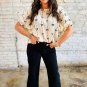 Beige Bow Print Puff Short Sleeve Top