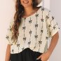 Beige Bow Print Puff Short Sleeve Top