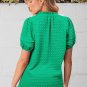 Bright Green Textured Puff Short Sleeve Notched V Neck Top
