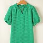 Bright Green Textured Puff Short Sleeve Notched V Neck Top