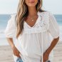White Embroidered Lace Patchwork Tie Neck Puff Short Sleeve Blouse