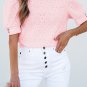 Pink Flower Geometric Textured Button Short Sleeve Top