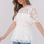 White Short Sleeve Scalloped Floral Lace Peplum Blouse