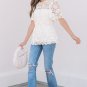 White Short Sleeve Scalloped Floral Lace Peplum Blouse
