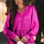 Rose Red Metallic Frilled V Neck Puff Sleeve Babydoll Blouse