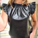 Black PU Leather Frilly Ruffle Trim Blouse