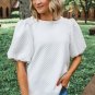 White Solid Textured O Neck Puff Sleeve Blouse