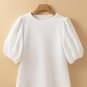 White Solid Textured O Neck Puff Sleeve Blouse