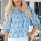 Sky Blue Floral Striped Print Shirred Yoke Split Neck Blouse