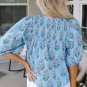 Sky Blue Floral Striped Print Shirred Yoke Split Neck Blouse
