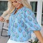 Sky Blue Floral Striped Print Shirred Yoke Split Neck Blouse