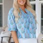 Sky Blue Floral Striped Print Shirred Yoke Split Neck Blouse