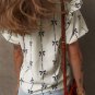 Beige Bow Printed Ruffled Bubble Sleeve Tied Notched V Neck Blouse