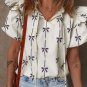 Beige Bow Printed Ruffled Bubble Sleeve Tied Notched V Neck Blouse