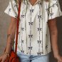 Beige Bow Printed Ruffled Bubble Sleeve Tied Notched V Neck Blouse