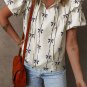 Beige Bow Printed Ruffled Bubble Sleeve Tied Notched V Neck Blouse