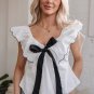 White Contrast Bow Ruffle Trim V Neck Blouse