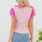 Pink Stripe Ruffled V Neck Cap Puff Sleeve Top