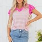Pink Stripe Ruffled V Neck Cap Puff Sleeve Top