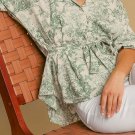 Green Landscape Print Tied 3/4 Sleeve Shirt with Sash